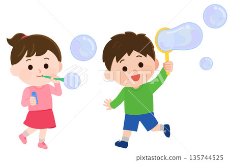 Boy and girl playing with soap bubbles illustration 135744525