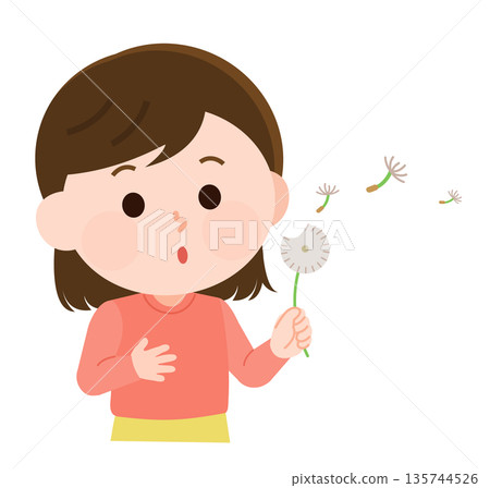 Illustration of a girl blowing away dandelion fluff 135744526
