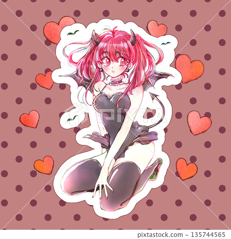 Devilish woman with red hair, sticker-style dots and hearts Devilish woman with red hair, sticker-style dots and hearts 135744565