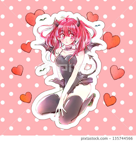 一個有著紅色頭髮、造型詭異的紅髮女人，身上點綴著貼紙風格的圓點和愛心圖案 135744566