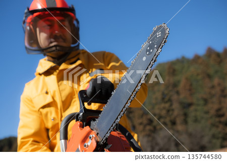 Image of forestry, primary industry, with chainsaw Image of forestry, primary industry, with chainsaw 135744580