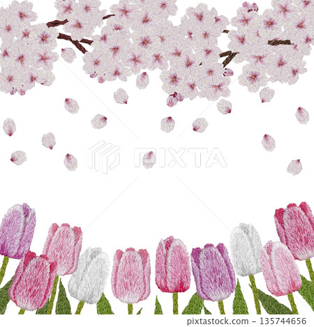[Cherry Blossom and Colorful Tulip Frame] Hand-embroidered illustration material 135744656