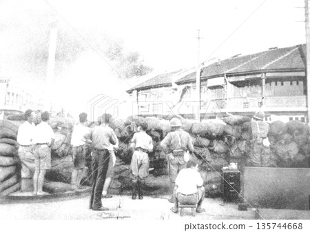 Old photo from 1937, Shanghai during the Second Sino-Japanese War, Japanese Army on guard against fires in the city 135744668