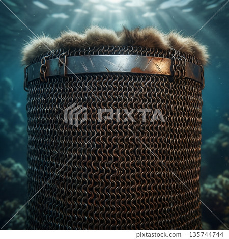 浸沒在水中的毛茸茸的鎖子甲狀金屬管和金屬板盔甲紋理 135744744