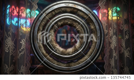 一個由金屬和毛皮製成的、類似鎖子甲的圓形物體漂浮在霓虹燈閃爍的街角窗戶裡。 135744745