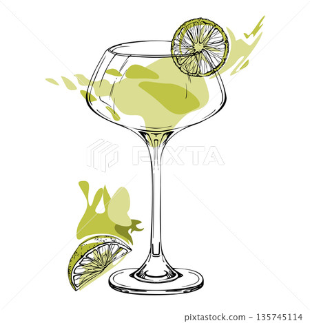 Vector Margarita, citrus daiquiri cocktail in coupe glass with lime wheel, limoncello liqueur. Hand drawn ink outlines. Fresh smooth gradients. Ideal for festive branding, summer menus, pattern kits. 135745114