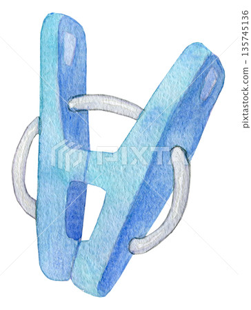 Watercolor illustration, hand-drawn blue clothespins 135745136