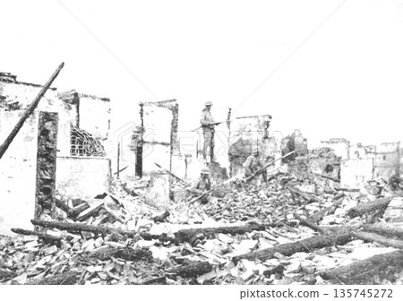 Old photo: 1937: Japanese Army sentry occupying Luodian Town, Shanghai, during the Sino-Japanese War 135745272