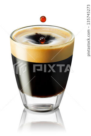 Espresso coffee with wave and drops isolated on white Espresso coffee with wave and drops isolated on white 135745273