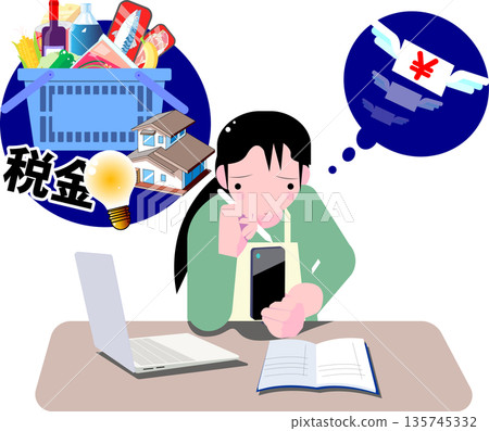 一位家庭主婦一邊擔心物價上漲和生活開支,一邊記著家庭帳簿。 一位家庭主婦一邊擔心物價上漲和生活開支,一邊記著家庭帳簿。 135745332