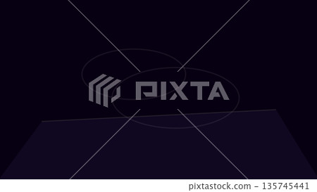 Fine swirling overlapping light loops hover above a dark minimal platform, forming airy abstract ribbons and gentle motion against deep background space. 135745441