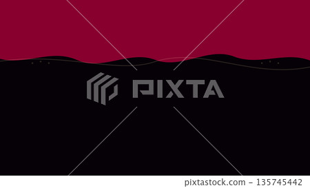 Wavy dark red top border flows above pitch black surface creating layered abstraction evoking minimal landscape silhouette and serene horizontal motion. 135745442