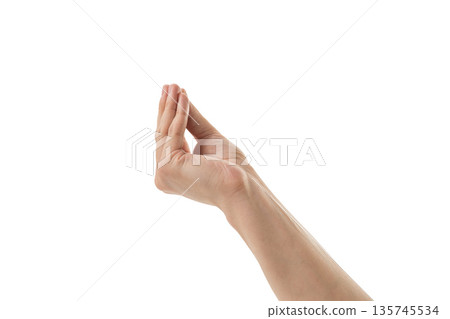 Adult young man hand pinch hold something isolated on white Adult young man hand pinch hold something isolated on white 135745534