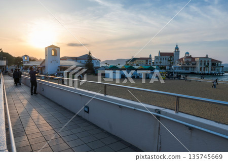 Tourist people at Momochi Seaside Park at sunset, Fukuoka 135745669