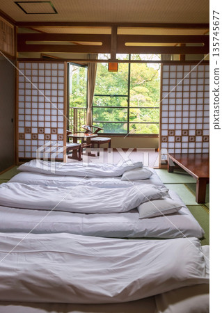 Traditional Japanese cozy tatami bedroom and seat in ryokan, Yanagawa 135745677