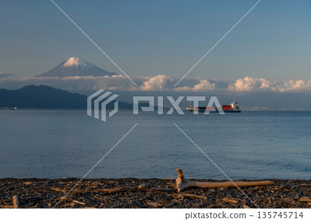 Cargo container ship sail on sea by Suruga Bay and mt. Fuji, Shimizu Cargo container ship sail on sea by Suruga Bay and mt. Fuji, Shimizu 135745714
