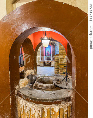 The interior of the Saints Sefgius and Bacchus Church. The Holy Family shelter. Coptic Orthodox Church in Coptic Cairo, Egypt. The interior of the Saints Sefgius and Bacchus Church. The Holy Family shelter. Coptic Orthodox Church in Coptic Cairo, Egypt. 135745788