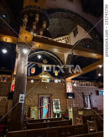 The interior of the Saints Sefgius and Bacchus Church. The Holy Family shelter. Coptic Orthodox Church in Coptic Cairo, Egypt. The interior of the Saints Sefgius and Bacchus Church. The Holy Family shelter. Coptic Orthodox Church in Coptic Cairo, Egypt. 135745790