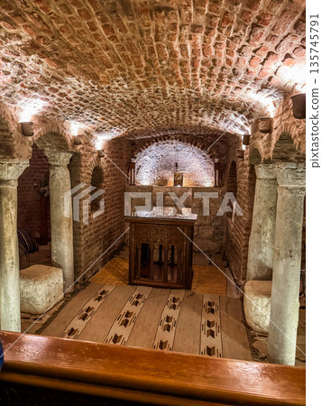 The interior of the Saints Sefgius and Bacchus Church. The Holy Family shelter. Coptic Orthodox Church in Coptic Cairo, Egypt. 135745791