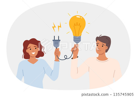 Synergy to find brilliant idea for man and woman holding giant light bulb with socket in hands 135745905