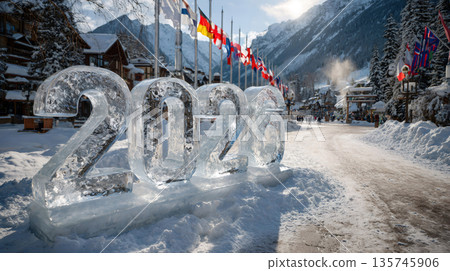 2026 ice sculpture commemorating winter games in a ski resort 135745906