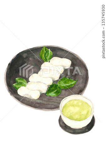 Watercolor illustration of Hatsuuma dumplings and tea [hand-drawn] White background Copy space available Transparent background 135745930