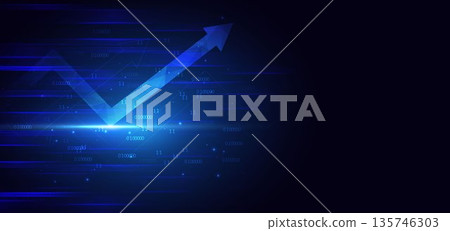 Finance arrow growth glowing light effect on dark blue background. 135746303