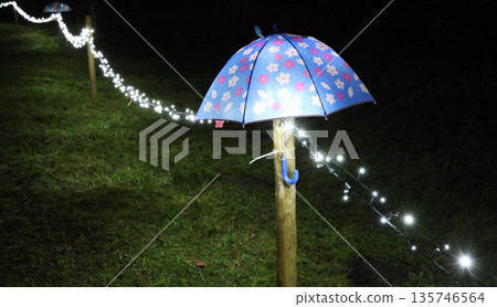 A blue umbrella with flowers is lit up at night A blue umbrella with flowers is lit up at night 135746564