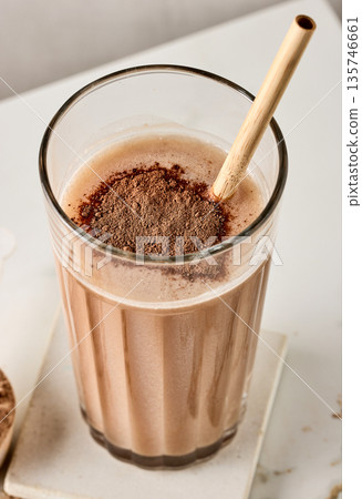 protein powder in scoop. dry mixture for preparation of sporting or dietary drink. protein powder in scoop. dry mixture for preparation of sporting or dietary drink. 135746661