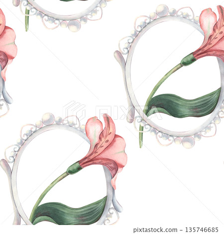 Seamless pattern, vintage oval pearl frame, alstroemeria. Hand-painted watercolor illustration isolated on white for textile, packaging, stationery, wallpaper, branding, wedding design, romantic decor Seamless pattern, vintage oval pearl frame, alstroemeria. Hand-painted watercolor illustration isolated on white for textile, packaging, stationery, wallpaper, branding, wedding design, romantic decor 135746685
