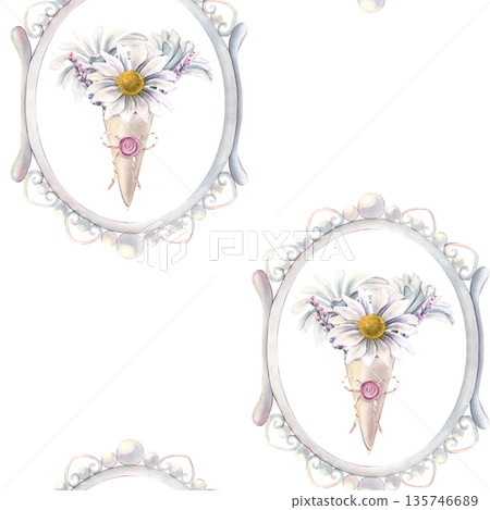 Seamless pattern, vintage pearl frame, chrysanthemums flowers. Hand-painted watercolor illustration isolated on white for textile, packaging, stationery, wallpaper, branding, wedding design, decor Seamless pattern, vintage pearl frame, chrysanthemums flowers. Hand-painted watercolor illustration isolated on white for textile, packaging, stationery, wallpaper, branding, wedding design, decor 135746689