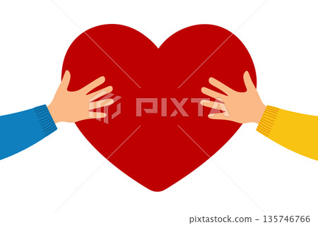 Two hands in blue and yellow sleeves holding large red heart. Love and unity concept for Valentine's Day card, charity donation, couple relationship, partnership poster, and care illustration. Vector 135746766
