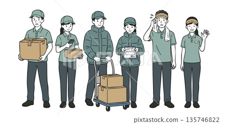 Set of 6 illustrations of male and female courier delivery and driver work scenes Set of 6 illustrations of male and female courier delivery and driver work scenes 135746822