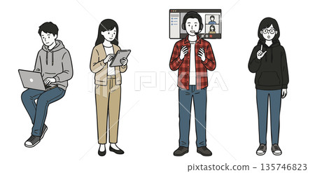 Illustration set of engineers, IT and creators working on PCs and tablets 135746823