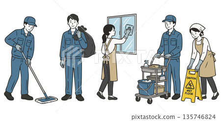 Set of 5 illustrations of male and female cleaning staff, house cleaning and building cleaning 135746824