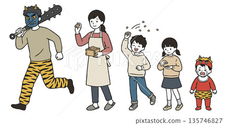一套5幅插圖，描繪了一家人在節分節拋撒豆子，並穿著惡魔服裝的場景。 135746827