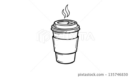 Hand drawn coffee to go cup illustration. Black and white line art sketch of a paper cup with sleeve and steam isolated on white background. Hand drawn coffee to go cup illustration. Black and white line art sketch of a paper cup with sleeve and steam isolated on white background. 135746830