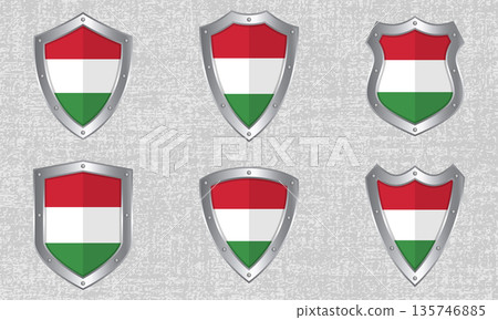 Set of metal shields with the Hungarian flag Set of metal shields with the Hungarian flag 135746885