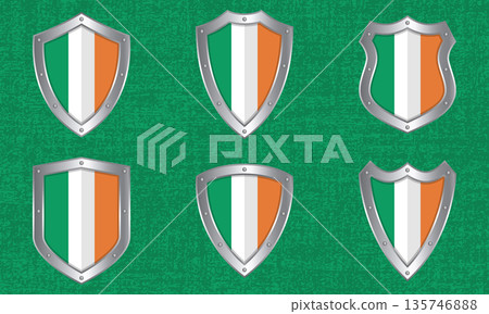 Set of metal shields with the Irish flag Set of metal shields with the Irish flag 135746888