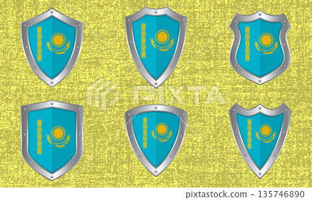Set of metal shields with the Kazakhstan flag 135746890
