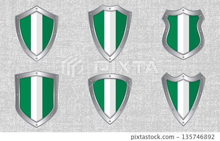 Set of metal shields with the Nigerian flag Set of metal shields with the Nigerian flag 135746892