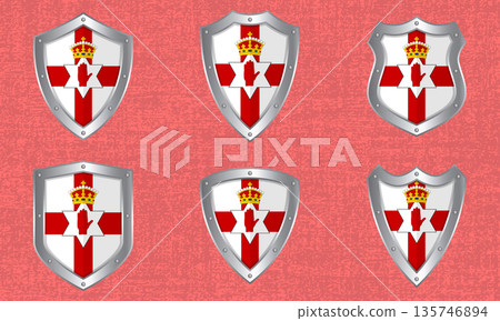 Set of metal shields with the Northern Ireland flag Set of metal shields with the Northern Ireland flag 135746894