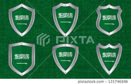 Set of metal shields with the Saudi Arabian flag Set of metal shields with the Saudi Arabian flag 135746896