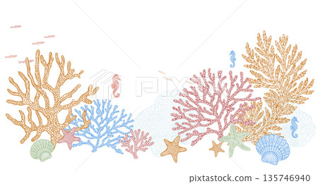 Trendy lace style marine coral illustration composition. Decorative hand drawn sea corals, shells, starfish and seahorses in elegant line art style. Modern coastal design perfect for banners 135746940