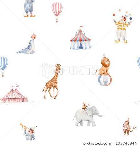 Seamless baby circus watercolor pattern with cute animals and performers. Vintage carnival background with elephant, giraffe, clowns, circus tent. Perfect for nursery decor, wrapping paper, fabric 135746944