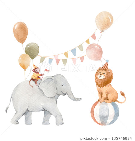 Watercolor Circus Animals Illustration with Giraffe and Lion, Cute Baby Monkey Nursery Party Art 135746954