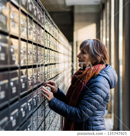 Woman checks mailboxes in urban area during afternoon light in a modern building with large windows 135747925