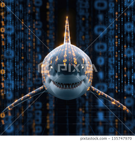 Shark Binary Code Shark swims through digital ocean filled with... - Stock Illustration ...