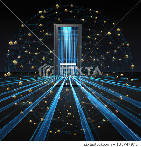 Light beams and particles surround a door in a dark space during a digital art scene Light beams and particles surround a door in a dark space during a digital art scene 135747973