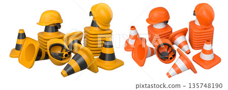 Construction traffic cones and road signs isolated on white background with clipping path, concept of safety gear 135748190